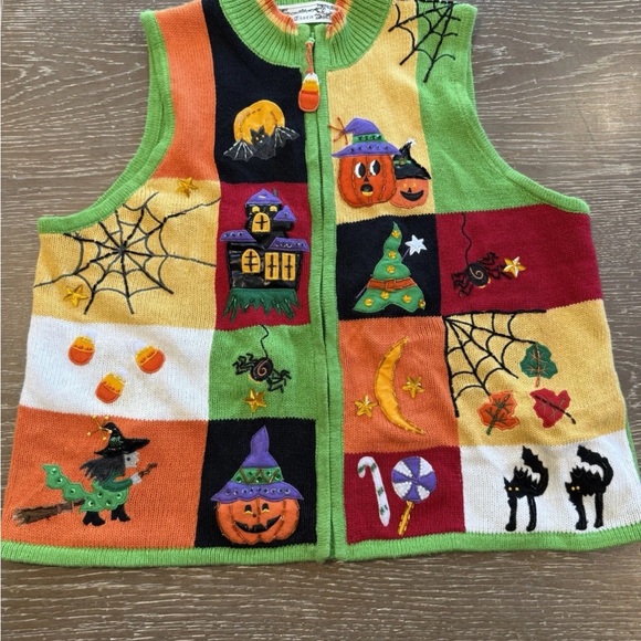 Halloween Vintage Tiara Patchwork lighting knit Vest pumpkin spider bat XL - Picture 1 of 17